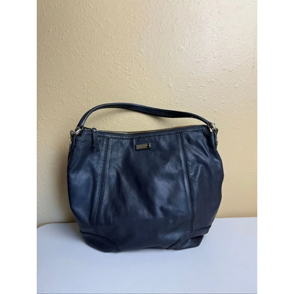 Kate Spade Classic Black Leather Purse with Zip Closure & Striped Lining